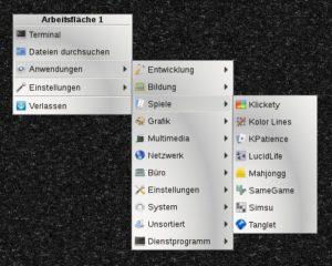 Abbildung 2: Die verschachtelte Liste der Anwendungen – samt Einträgen für Einstellungen und direktes Öffnen des Terminals – gibt es nur bei einem Rechtsklick auf den Desktop.