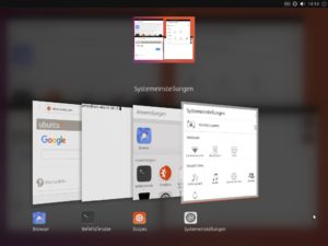 Abbildung 2: Optischen Charme versprüht Unity 8 schon jetzt, wie hier mit dem Umschalter für Anwendungen. Das hilft aber nichts, solange normale Software nur mit Verrenkungen startet.