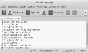Abbildung 2: Glabels verarbeitet die Daten für Namen und Anrede der Gäste aus einem simplen Format am Fließband zu perfekten Textzeilen.