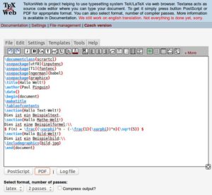 Abbildung 2: Das Editor-Fenster von TeXonWeb mit den erweiterten Funktionen für angemeldete Benutzer. Nach der Anmeldung lassen sich auch Bilder hochladen und einbinden.
