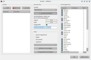 Abbildung 2: Das Starten des Sendersuchlaufs gestaltet sich unter Kaffeine sehr einfach. Hier sucht das Programm via DVB-T nach Stationen.