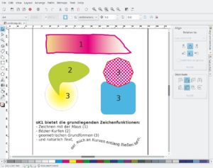 Abbildung 15: sK1 bringt nur grundlegende Zeichen- und Textfunktionen mit, kennt aber anders als Inkscape mehrseitige Dokumente und einen Export in den CMYK-Farbraum für Druckereien.
