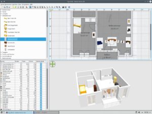Abbildung 20: SweetHome 3D, ein Spezialprogramm für räumliche Simulation von Innenräumen, setzt anders als generische 3-D-Programme wie Blender keine wochenlange Einarbeitung voraus: Das Einrichten gelingt per Drag & Drop, die Wände entstehen in wenigen Mausklicks.