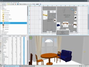Abbildung 21: Architekten gelingt es vielleicht, sich die 2-D-Ansicht eines Plans direkt räumlich vorzustellen. Alle anderen erleben die virtuelle Szenerie hautnah, indem sie die virtuelle Person aus SweetHome 3D (oben links) in Zimmer stellen und die blitzschnell errechnete räumliche Ansicht (unten) genießen.