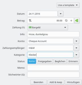 Abbildung 24: Das Buchungsformular in HomeBank fragt nur allgemeinverständliche Informationen wie Betrag, Zahlungsart und Konto ab. Einige Freitextfelder verbessern die Nachvollziehbarkeit.