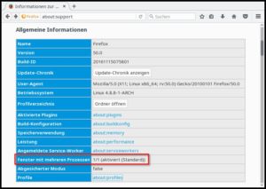 Abbildung 5: Die interne Browser-Spezialseite "about:support" zeigt, dass das neue Feature "Fenster mit mehreren Prozessen" aktiv ist. Es lässt die Benutzeroberfläche zügig reagieren, egal wie viele Seiten Firefox in den Tabs gerade aufbaut.