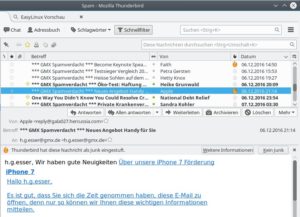 Abbildung 6: Ein Flammensymbol neben den einzelnen E-Mails steht für Spam. Der Spamfilter ist lernfähig, vorausgesetzt: Sie füttern ihn mit ausreichend Material.