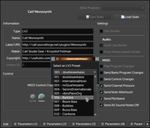 Abbildung 7: Etwas umständlich, aber voll funktionstüchtig: die Preset-Auswahl für Monosynth in Carla.