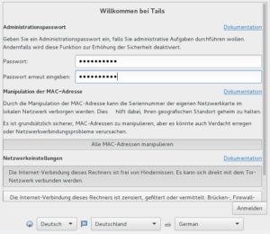 Abbildung 3: Schon im Begrüßungsdialog von Tails finden sich einige wichtige Einstellungen.