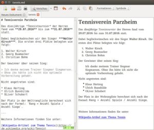 Abbildung 10: In ReText fügen Sie Markdown-Tags nicht über entsprechende Schaltflächen ein, sondern wählen sie aus den beiden Ausklapplisten rechts oben aus – tippen fällt da in der Regel leichter.