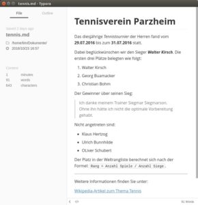 Abbildung 11: Typora blendet auf Wunsch am linken Rand Informationen über das Dokument ein und zählt rechts unten in der Ecke die Wörter.