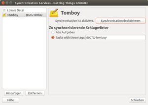 Abbildung 3: GTG erlaubt es, Aufgaben mit anderen Programmen zu synchronisieren, hier mit der Notizsoftware Tomboy.