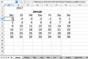 Abbildung 3: Diese Version des Kalenders enthält schon zwölf Monate in separaten Tabellen, die alle Tage korrekt platzieren und die Wahl des Jahres durch Änderung der Zelle Januar.B1 erlauben.