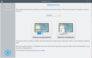 Abbildung 1: Nach dem Booten der Kubuntu-DVD erscheint dieses Fenster, in dem Sie die Sprache ausw&auml;hlen und probeweise den KDE-Desktop im Live-Modus starten. 