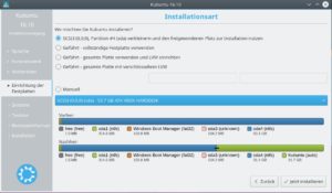 Abbildung 2: Die Standardsituation: Windows belegt die ganze Platte; dann schl&auml;gt der Installer vor, diesen Platz aufzuteilen. 