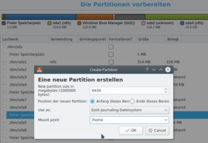 Abbildung 3: Legen Sie Partitionen selbst an, geben Sie jeweils Gr&ouml;&szlig;e, Dateisystem und "Mount point" an. 