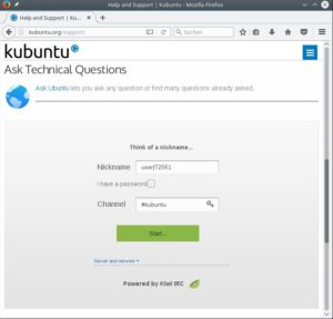Abbildung 16: Kubuntu bietet auf seinen Seiten einen Web-Client für IRC an: Man muss sich lediglich einen Nutzernamen ausdenken und landet dann über "Start" im Chat.