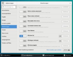 Abbildung 7: Eine Kontrollleiste für den unteren Rand rüsten Sie über eine Gnome-Shell-Erweiterung nach. Sie aktivieren sie über das Optimierungswerkzeug.