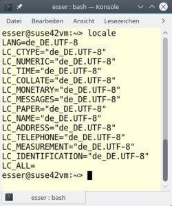 Abbildung 3: Das Kommando "locale" zeigt alle Variablen an, die Spracheinstellungen bewirken, darunter auch die für Zahlenformate relevante Variable "LC_NUMERIC".