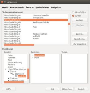 Abbildung 3: Über diesen Dialog weisen Sie Ihrem neuen Makro eine Tastenkombination zu. LibreOffice zeigt unbelegte Shortcuts an.