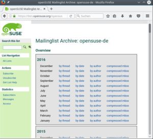 Abbildung 15: Wie hier bei der OpenSuse-Mailingliste können Sie alle bereits über die Liste geschickten E-Mails nach Thema ("Thread") oder Versanddatum ("Date") durchstöbern.