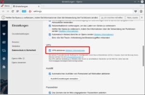 Abbildung 1: In den Einstellungen von Opera aktivieren Sie die VPN-Funktion per Mausklick.