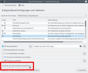 Abbildung 3: Über die Schaltfläche "Sound für alle diese Ereignisse deaktivieren" schalten Sie alle Hinweistöne für den Plasma-Desktop ab.