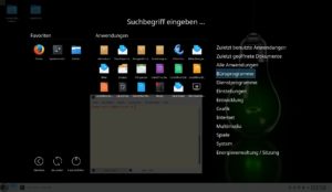 Abbildung 4: Die alternativ zum Standardmenü aktivierbare Anwendungsübersicht nutzt den ganzen Desktop und präsentiert auch Suchergebnisse – das gilt für beide Distributionen.