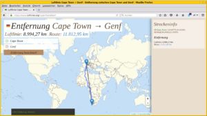 Abbildung 1: Die Webseite Luftlinie.org erm&ouml;glicht es, die Strecke zwischen zwei Orten auf verschiedenen Wegen zu berechnen, hier im Beispiel zwischen Cape Town und Genf. 