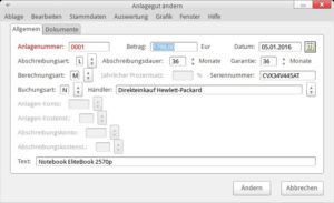 Abbildung 5: Anlagegüter verwalten Sie, indem Sie zum einen die eigentlichen Daten erfassen, zum anderen eventuelle Dokumente wie Belege mit dem Eintrag verknüpfen.