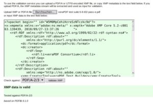 Abbildung 5: Die webbasierte Plattform Pdflib, die es ebenfalls erm&ouml;glicht, entsprechende Dokumente zu validieren, lieferte das gleiche Ergebnis zur&uuml;ck wie VeraPDF. 