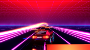 In Neon Drive muss man einfach den Hindernissen ausweichen. In diesem Fall den Plattformen auf der Straße.