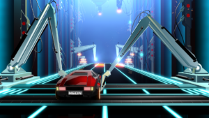 Im letzten Level zeichnen die Roboter im Hintergrund die Hindernisse auf die Fahrbahn, wodurch man ihre Position erst relativ spät sieht.