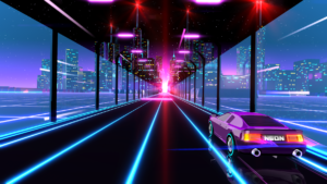Neon Drive bietet futuristische Rennstrecken, die aus unzähligen Neon-Röhren zu bestehen scheinen.