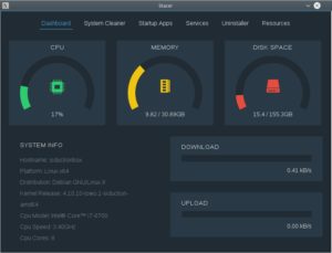 Abbildung 1: Der Startbildschirm von Stacer zeigt unter anderem animiert CPU, RAM und Plattenplatz an.