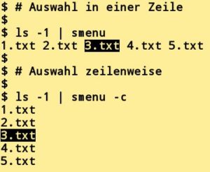 Abbildung 1: In der einfachsten Form rufen Sie Smenu in der Pipe auf und &uuml;berlassen es dem Programm, die Ausgabe in Form eines einzeiligen Men&uuml;s aufzubereiten. 