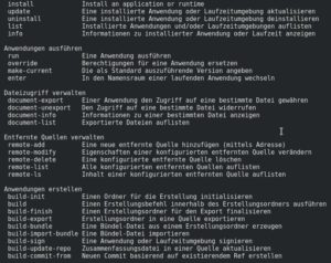 Abbildung 3: Der Befehl <code>flatpak -h</code> listet alle Optionen auf &ndash; darunter solche, &uuml;ber die Sie die Rechte einer Applikation in einem Container regeln. 