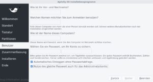 Abbildung 6: Bei Apricity, einem auf Calamares basierenden Installer, f&uuml;hrt die Grundeinstellung zum selben Passwort f&uuml;r Root und User. 