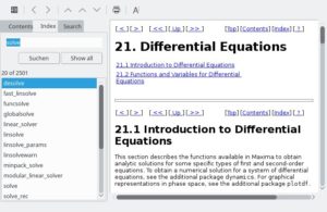 Abbildung 1: Das Hilfefenster von wxMaxima zeigt hier alle Fundstellen zum Suchbegriff <code>solve</code> (links) sowie die Erkl&auml;rung zum ersten Treffer (rechts). 