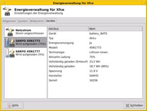 Abbildung 2: &Uuml;ber ein Tool in der Task-Leiste fragen Sie unter XFCE4 komfortabel den Status und Details der Energieversorgung ab. 