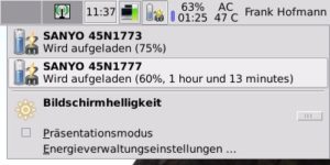 Abbildung 3: Die etwas kompaktere Variante des Programms f&uuml;r den Systray zeigt den Status der Batterien im Laptop an. 