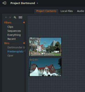 Abbildung 4: Sobald Sie den Namen eines Bins anklicken, zeigt Ihnen Lightworks alle enthaltenen Videos. Hier liegen im Bin <span class="ui-element">Friedensplatz</span> zwei Clips.