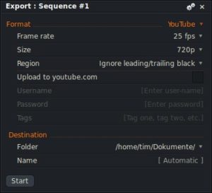 Abbildung 10: Wenn das <span class="ui-element">Format</span> auf <span class="ui-element">YouTube</span> steht, produziert die Applikation ein Video, das Sie unter Linux etwa mit VLC wiedergeben können.