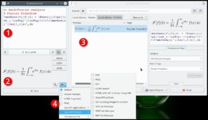 Abbildung 12: KLatexFormula erleichtert das Schreiben von TeX-Code mit Syntax-Highlighting (Punkt 1) und zeigt die resultierende Formel als Live-Vorschau (Punkt 2). Eine History-Funktion bewahrt bereits eingegebene Formeln auf (Punkt 3). 