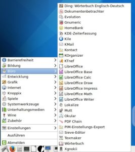 Abbildung 1: Knoppix ist traditionell gut mit Software ausgestattet. Vom schlanken Desktop LXDE aus greifen Sie über das Startmenü darauf zu.