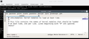 Abbildung 7: In einem Kubuntu-Gast, der mit Austauschordnern arbeiten soll, muss das Modul "vboxsf" in die Datei "/etc/modules" eingetragen werden. 