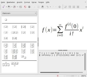 Abbildung 13: Der grafische Formeleditor LibreOffice Math ist leistungsf&auml;hig und versteht sogar eine in mancher Hinsicht mit TeX vergleichbare Codesprache. Dennoch sind der Redaktion keine mit LibreOffice erstellten Mathe- oder Physikb&uuml;cher bekannt, w&auml;hrend TeX in diesem Bereich als Standard gilt. 