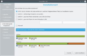 Abbildung 2: Die Standardsituation: Windows belegt die ganze Platte; dann schlägt der Installer vor, diesen Platz aufzuteilen.