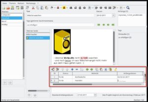 Abbildung 3: Die ansonsten simple Notizbuch-Software MyNotex zeichnet sich durch eine integrierte Aufgabenplanung (markiert) aus.