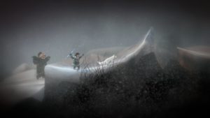 Abbildung 1: Auf der Flucht vor dem Mann muss Nuna möglichst schnell mit ihrer Steinschleuder den kleinen Eisberg auf der rechten Seite zertrümmern. Erst dann kann sie auf die andere Seite springen.